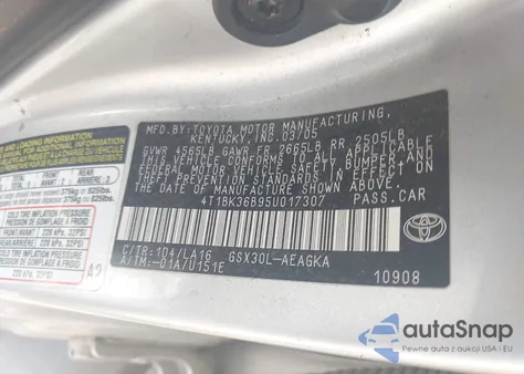2005 Toyota Avalon Xls z USA, uszkodzony, nr VIN 4T1BK36B95U017307